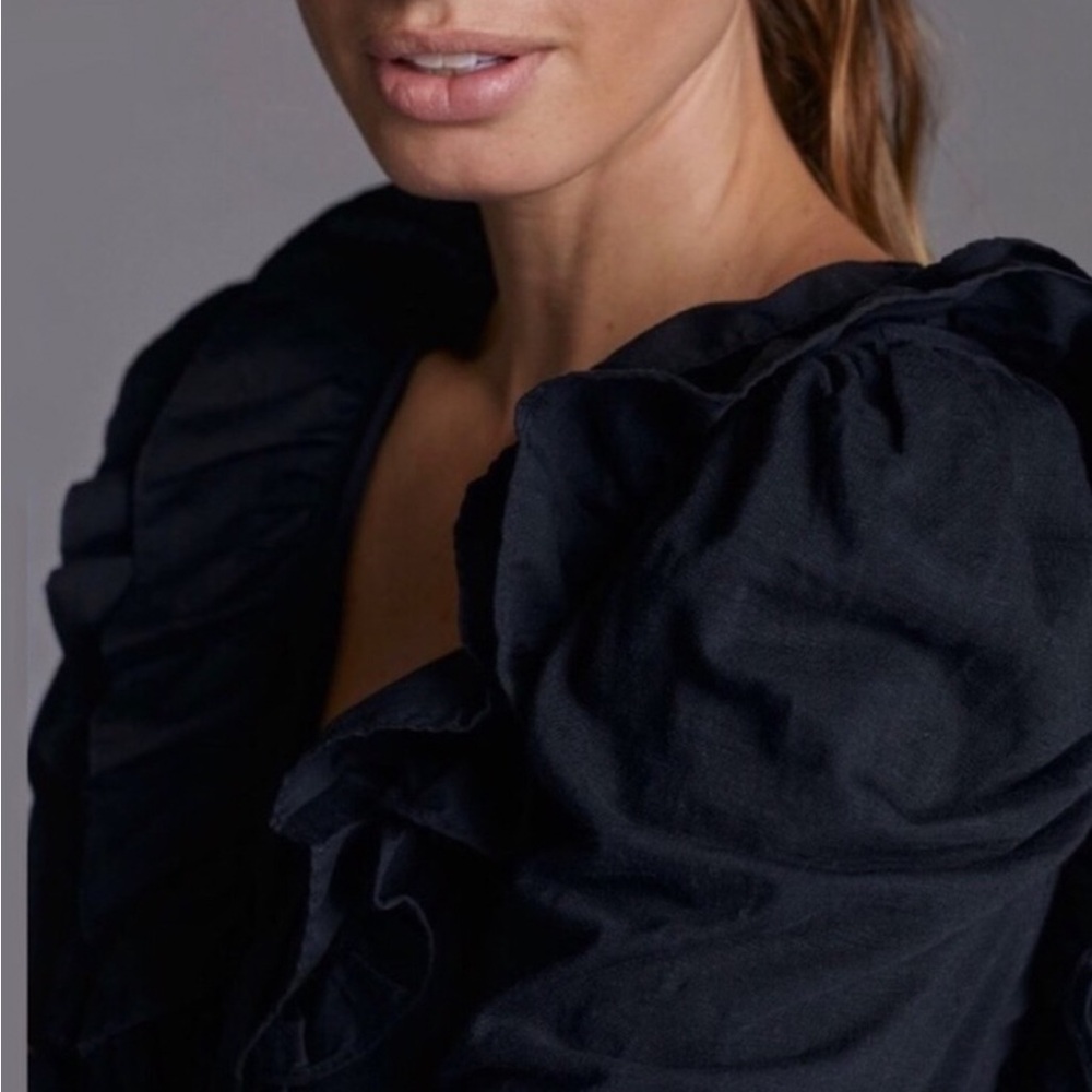 Super Cute! Anthropologie Ruffle Neckline V Neck Long Sleeve Top in Black